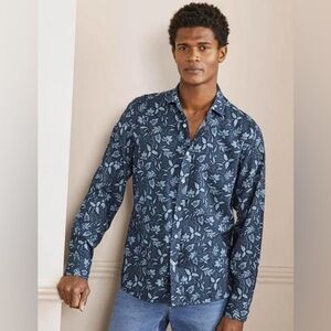 New Boden Cutaway Collar Linen Shirt Button Down Blue Ensign Tropical Floral